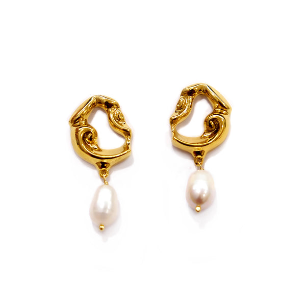 Abstract Gold Pearl Earrings