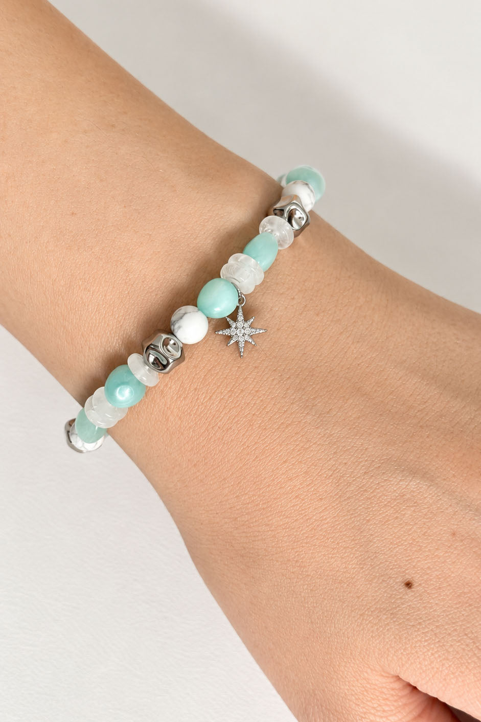 Green Angelite, Howlite & Clear Quartz Crystal Bracelet