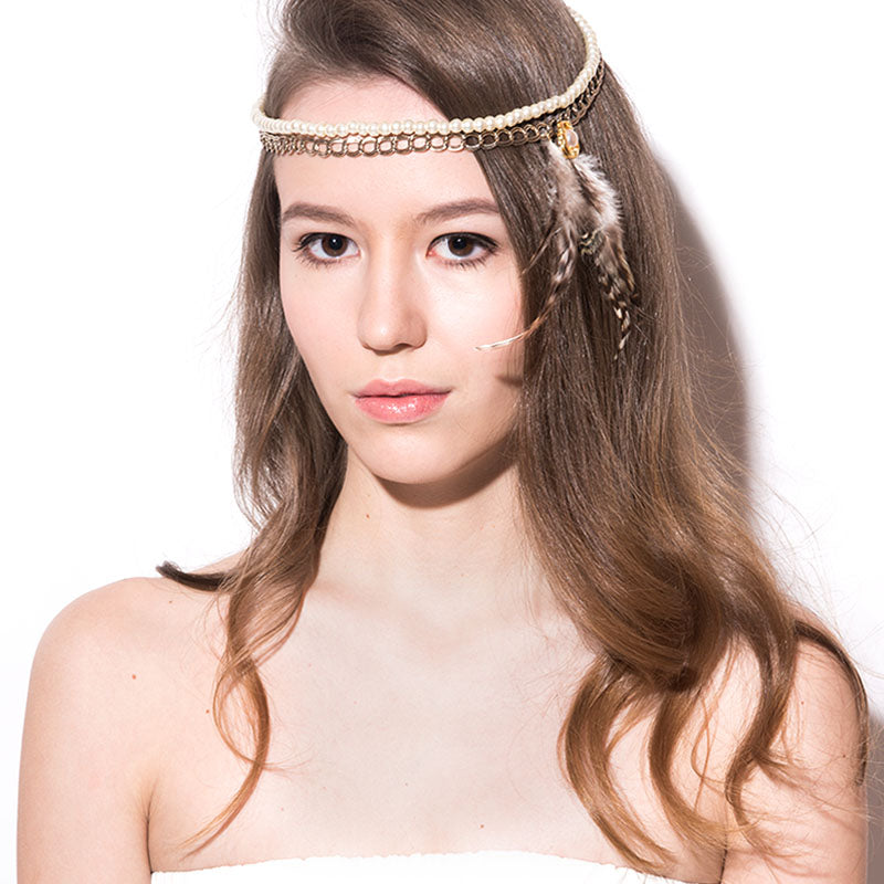 Side Feather and Pearls Headpiece - Chainless Brain