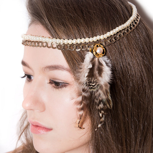 Side Feather and Pearls Headpiece - Chainless Brain